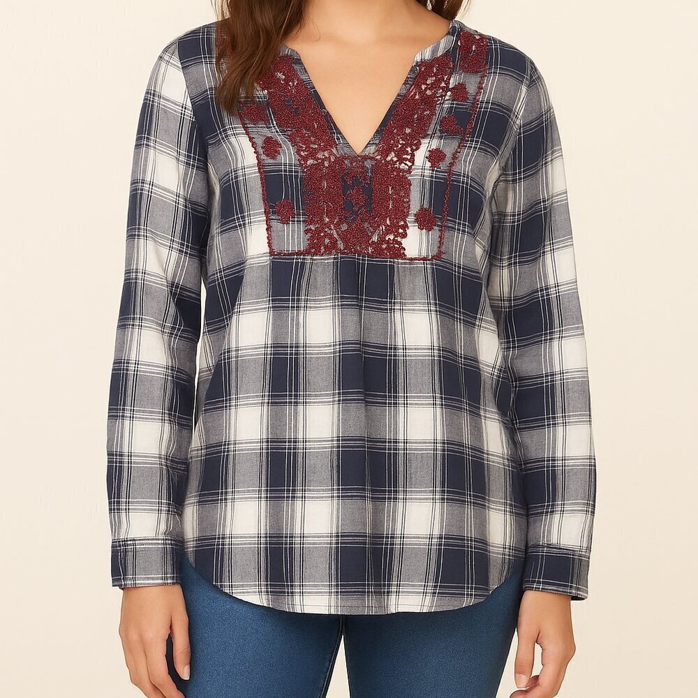 Abercrombie & Fitch Plaid Embroidered Beaded Top Navy Large